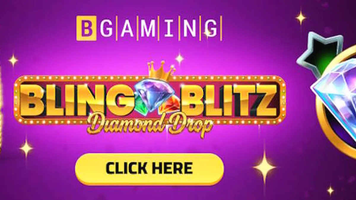 Tampilan visual mewah dari permainan slot Bling Blitz Diamond Drop dengan latar belakang berlian yang berkilauan.