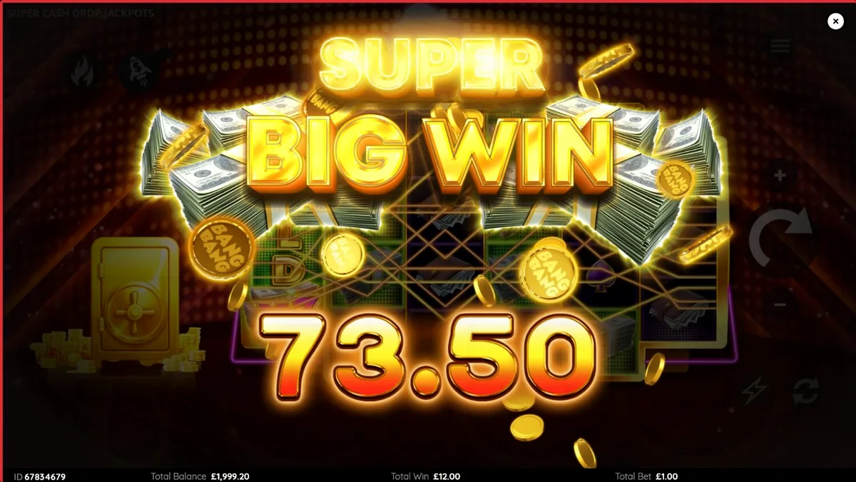 Tampilan visual neon dari slot Super Cash Drop Jackpots dengan simbol brankas dan tumpukan uang.