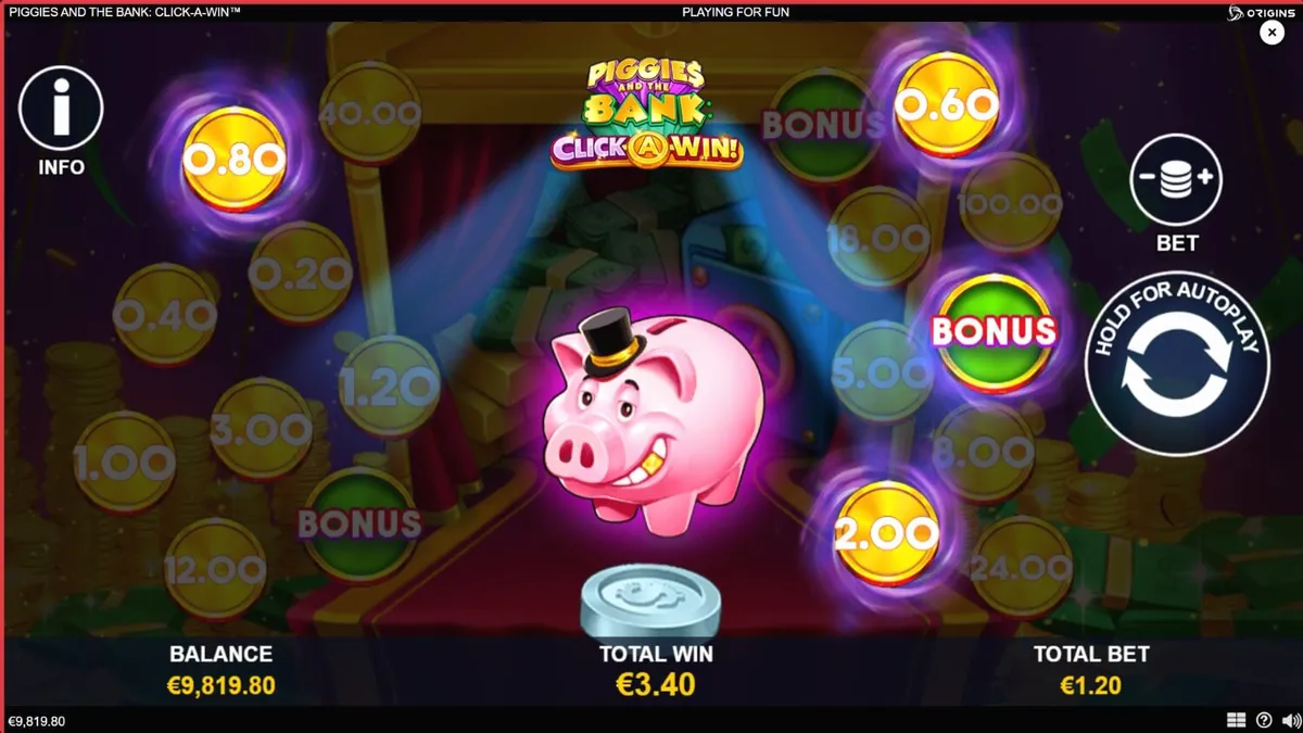 Piggies and the Bank: Click-A-Win slot gameplay interface